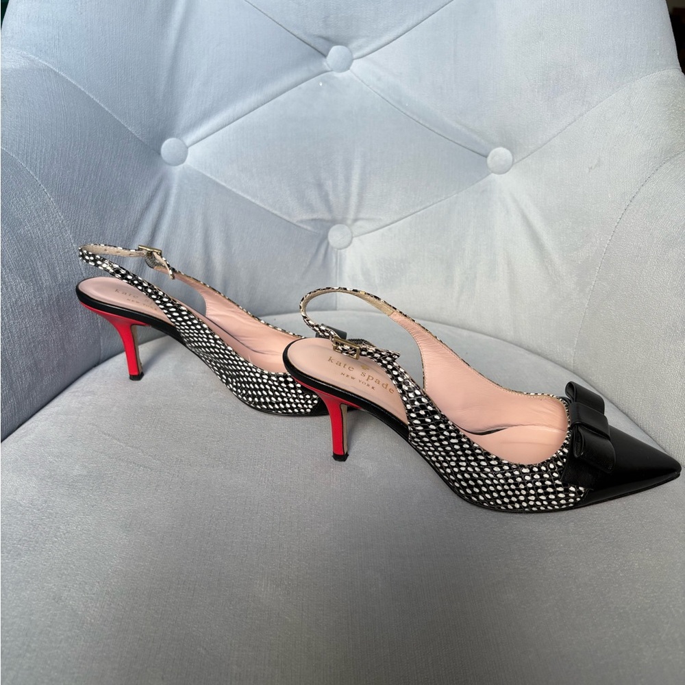 kate spade Black and White Polka Dot Bow Slingback Heels - Picture 6 of 10